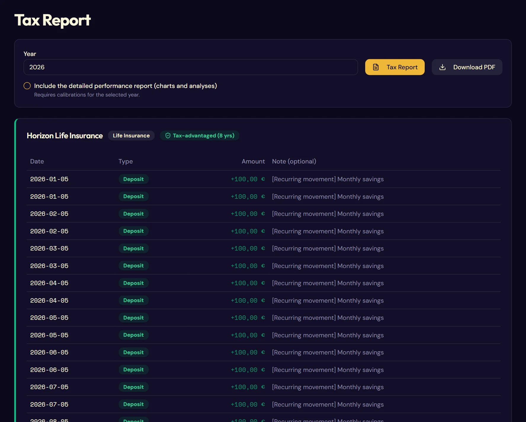 The Tax Report page