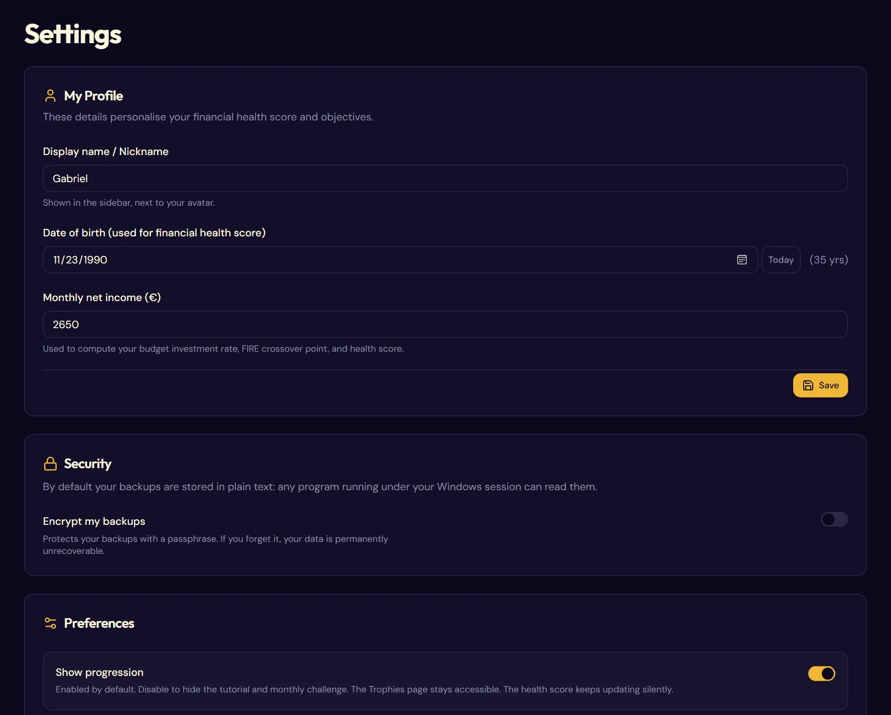 The Settings page