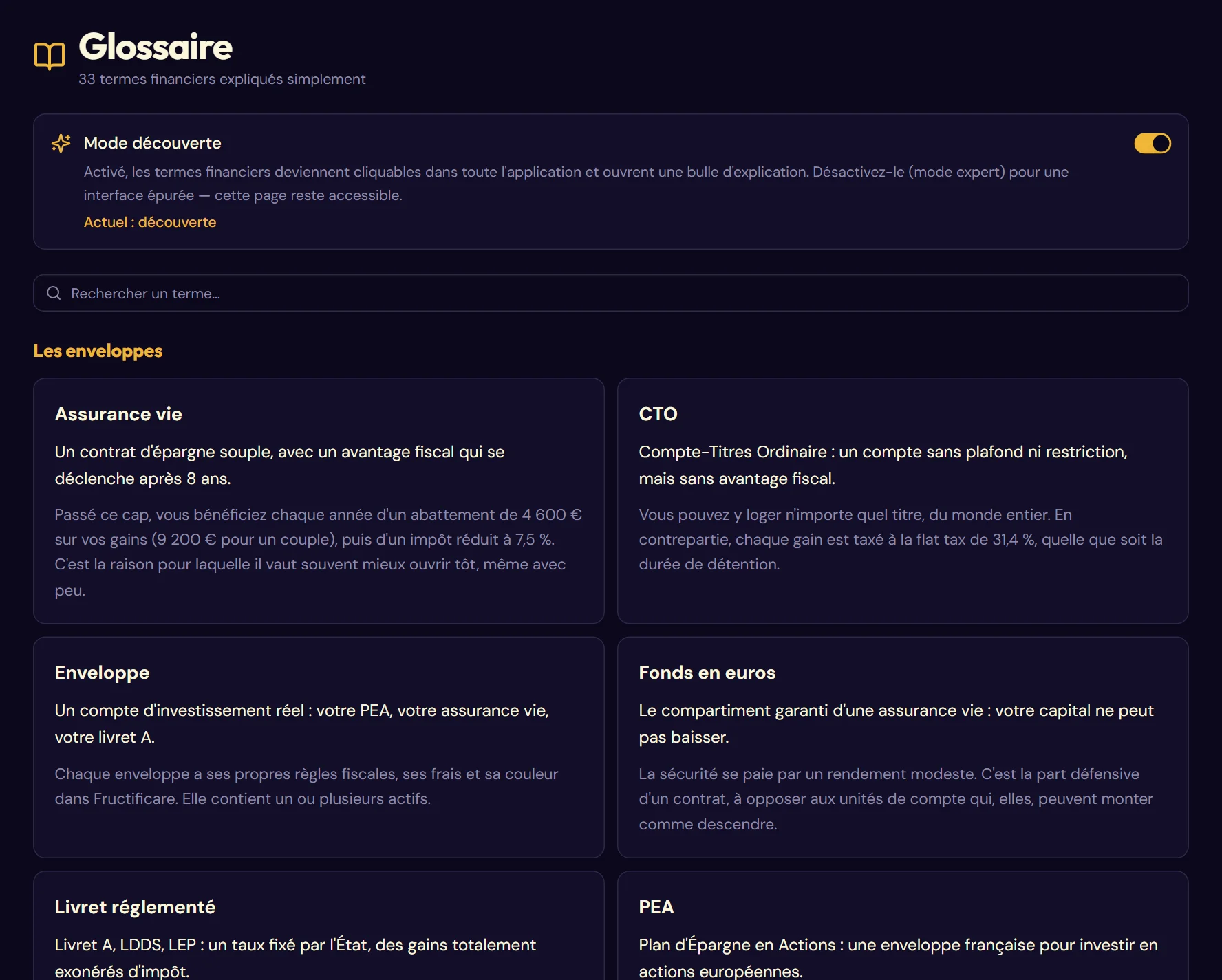 La page Glossaire
