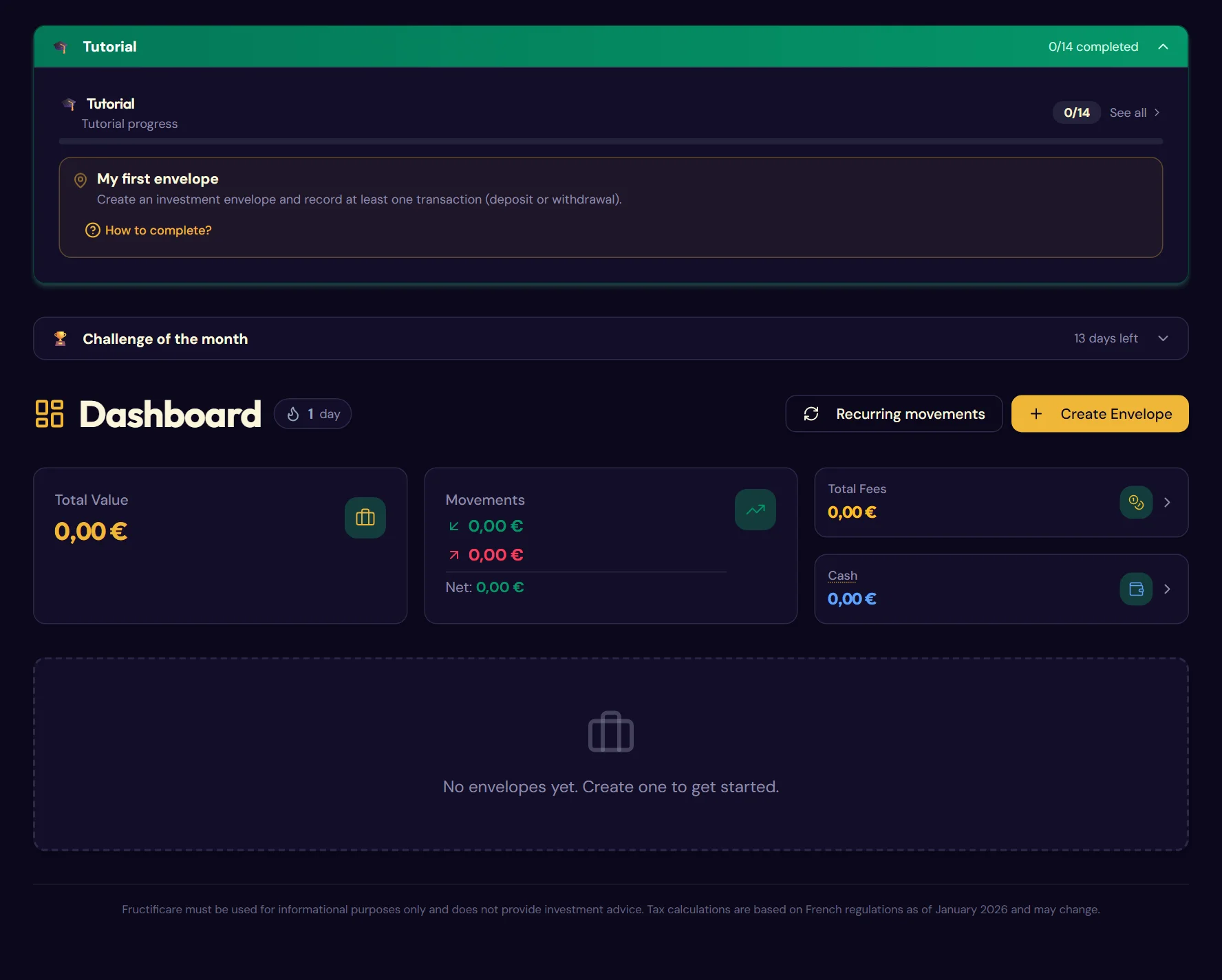 The dashboard on first launch