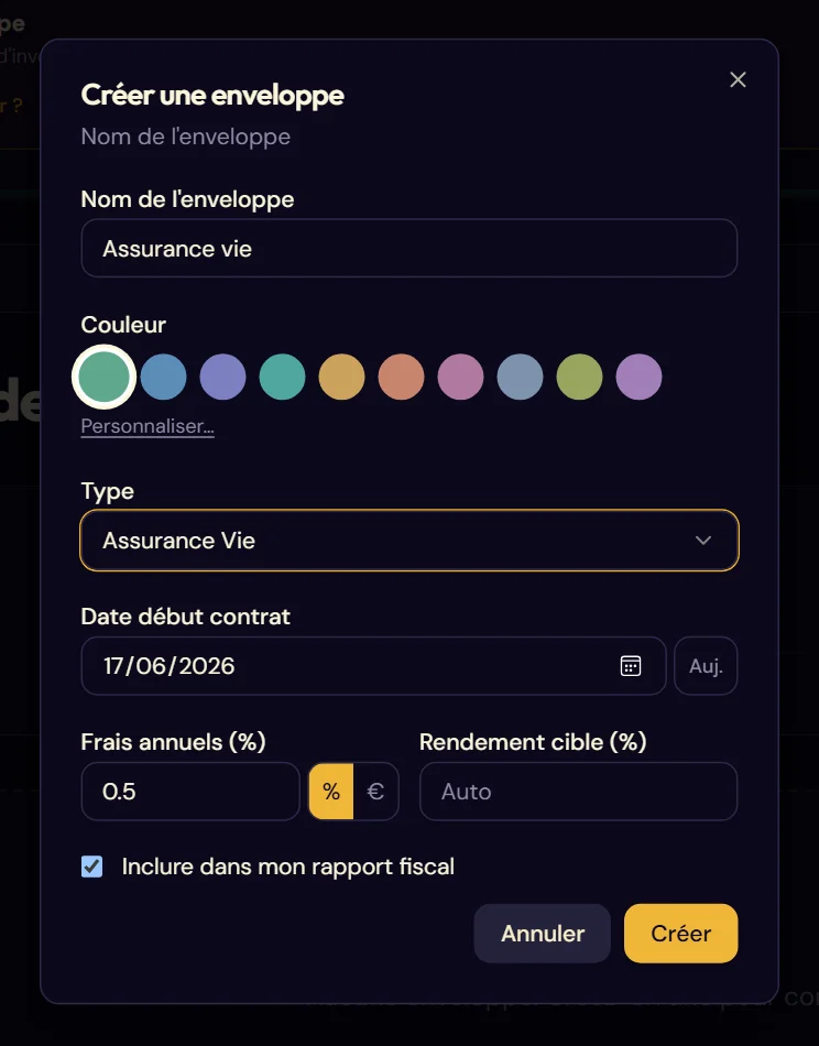 Création d'une enveloppe Assurance vie