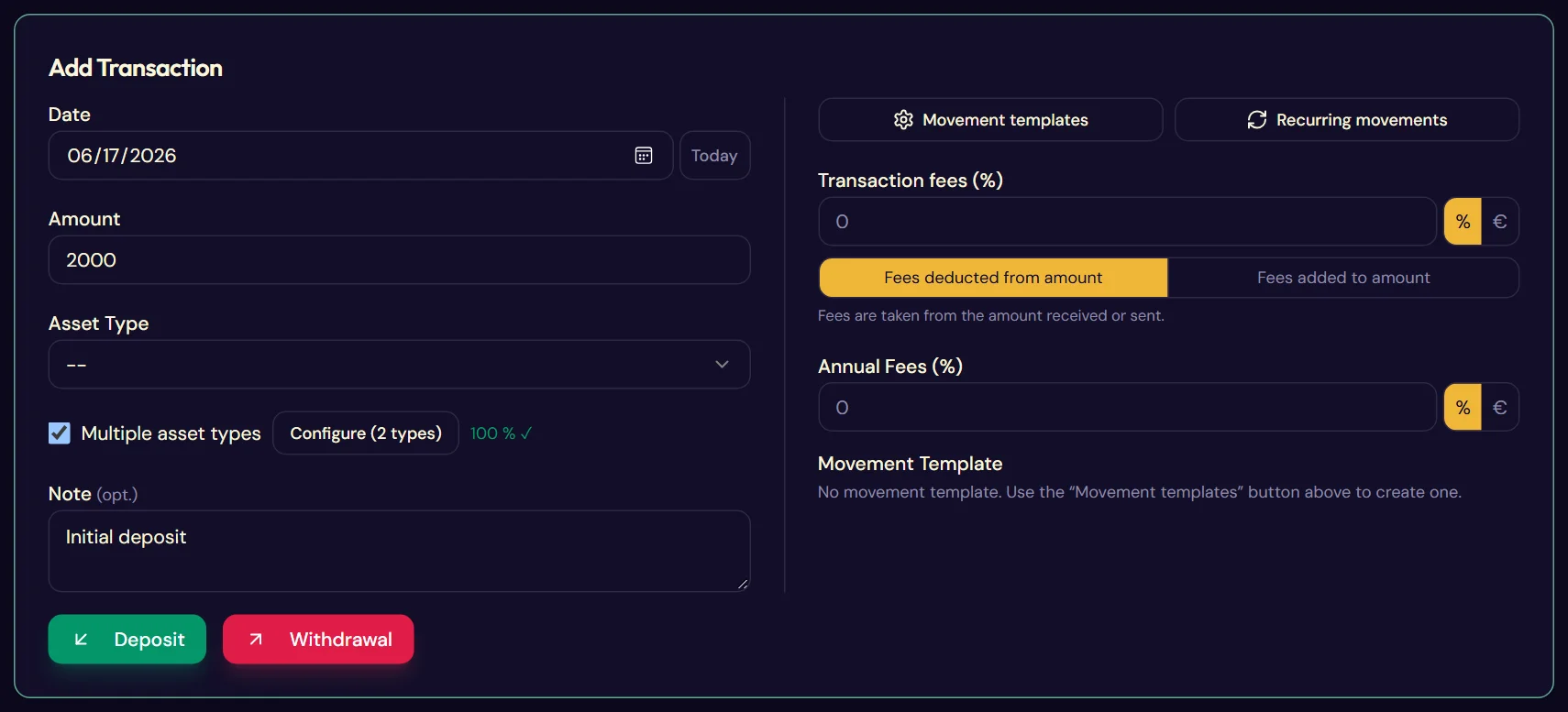 The entry form and the recurring panel (The add form, split over two asset types)