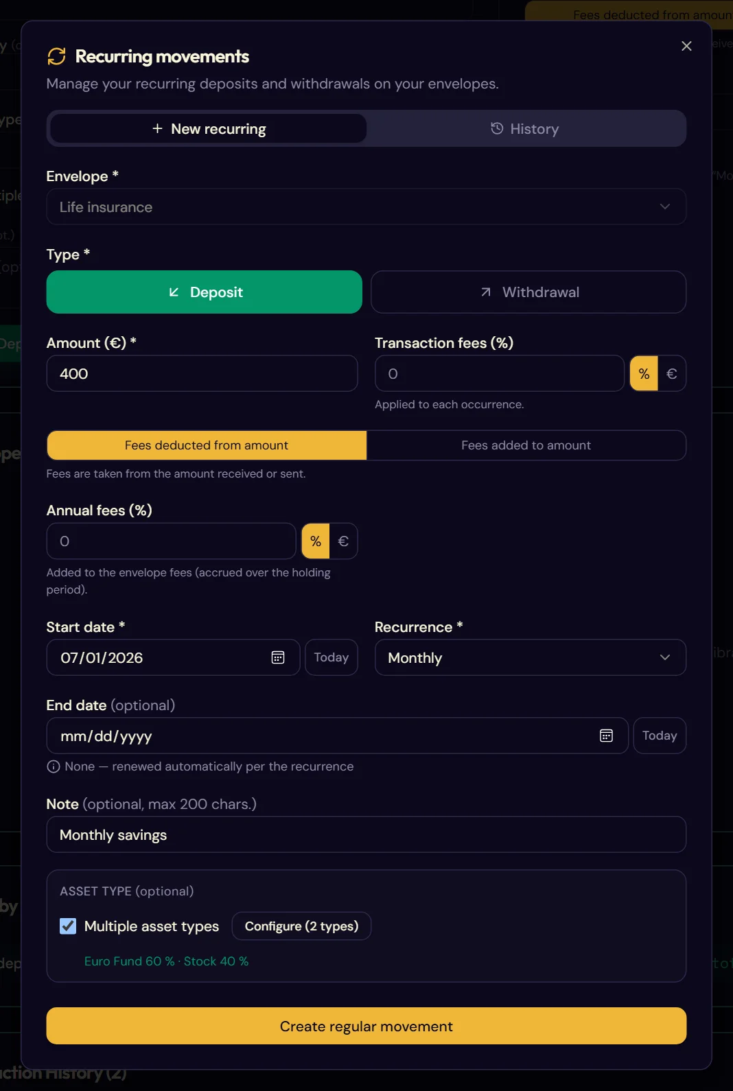 The entry form and the recurring panel (The “New recurring” tab)