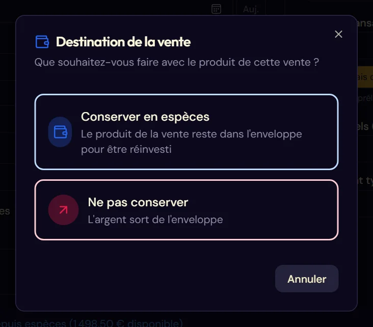 La fenêtre de confirmation de retrait