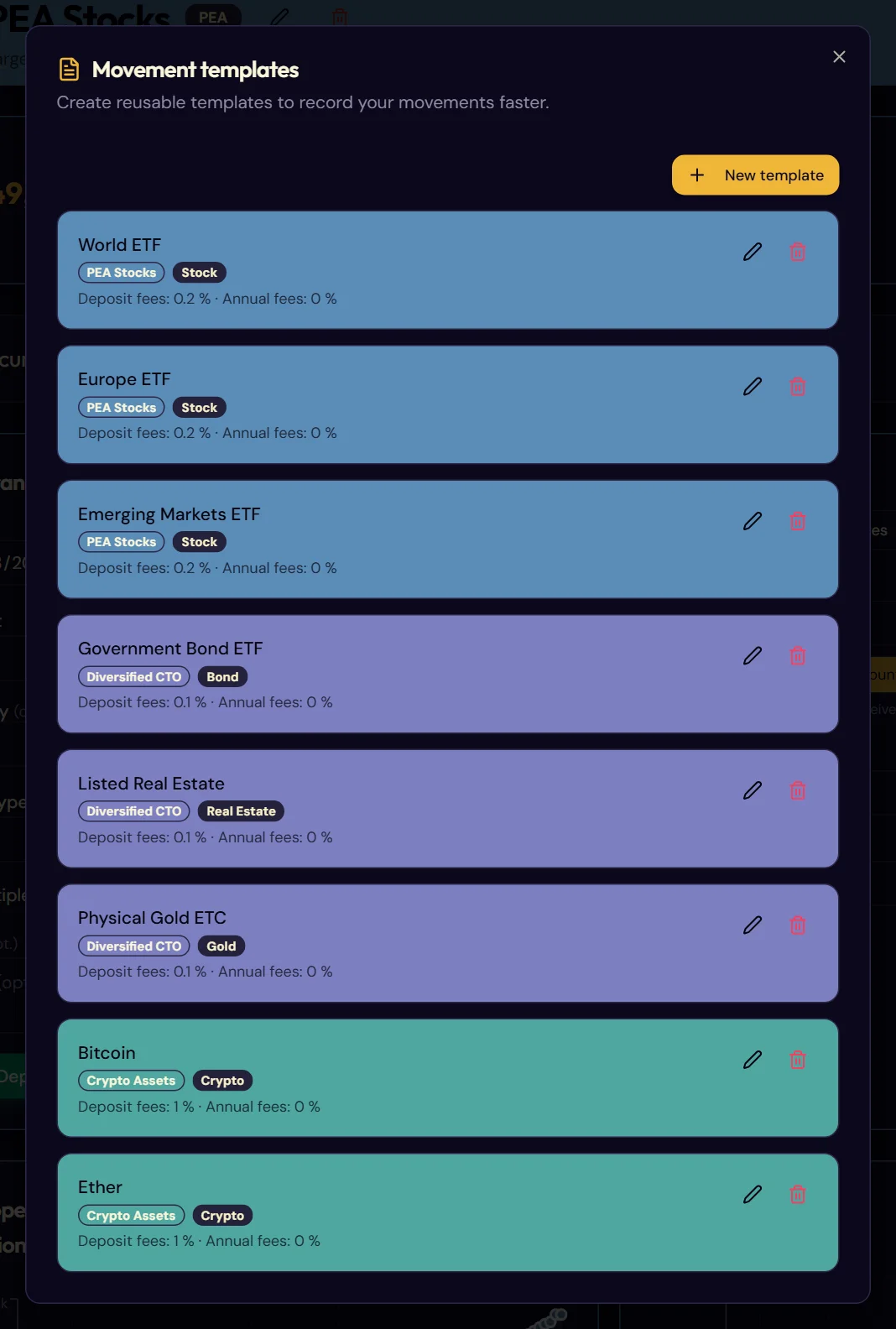 The movement templates panel