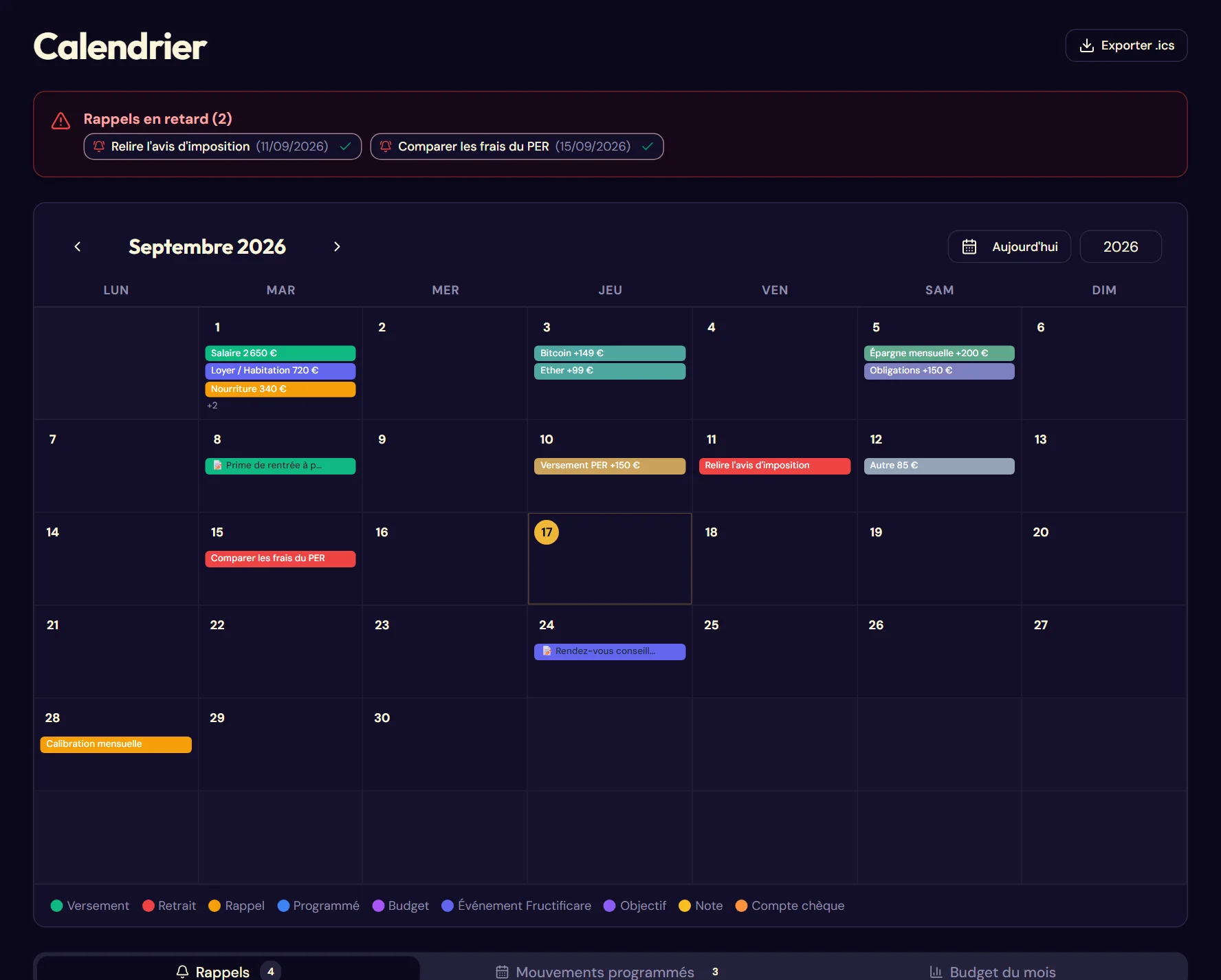 La page calendrier