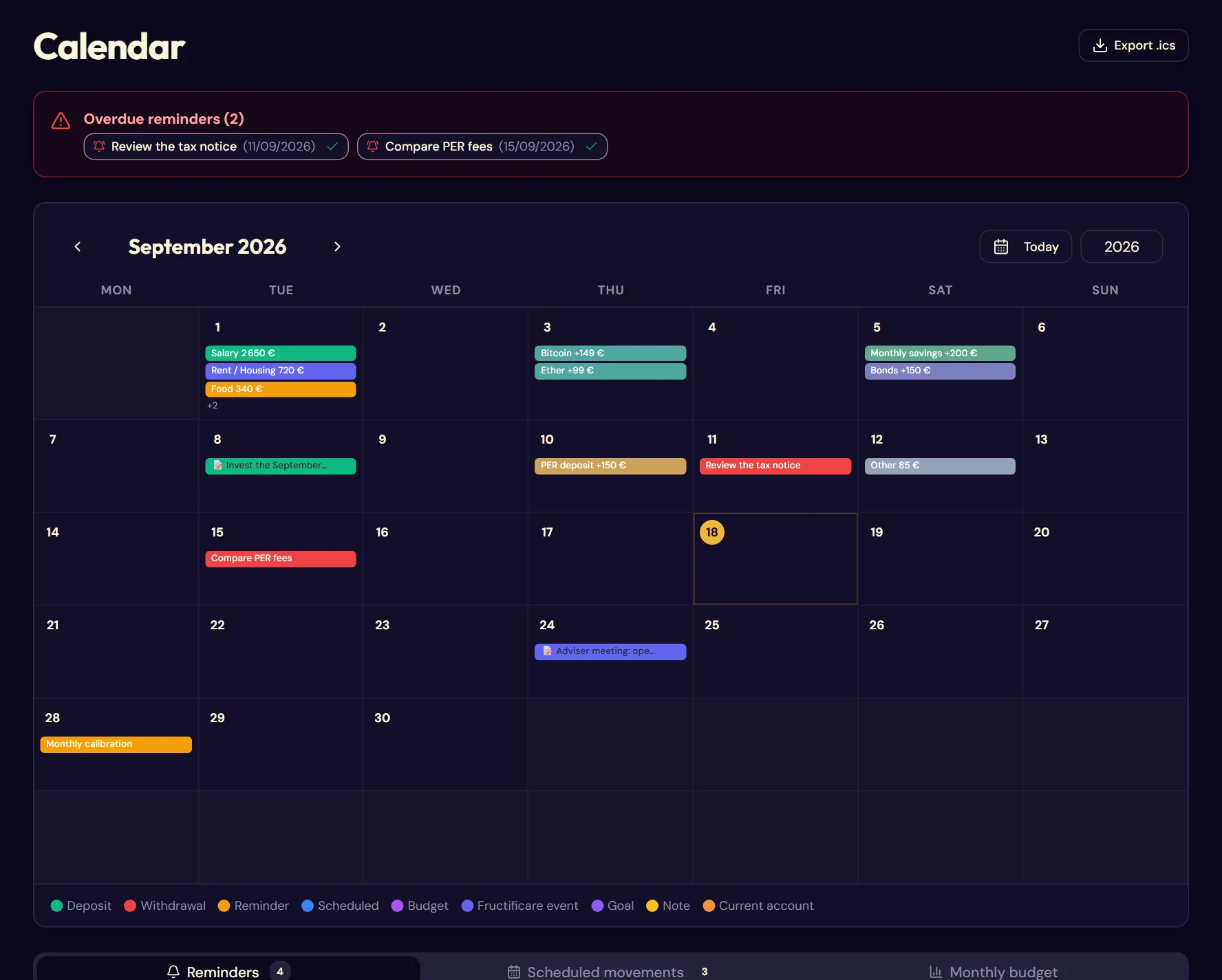 The calendar page